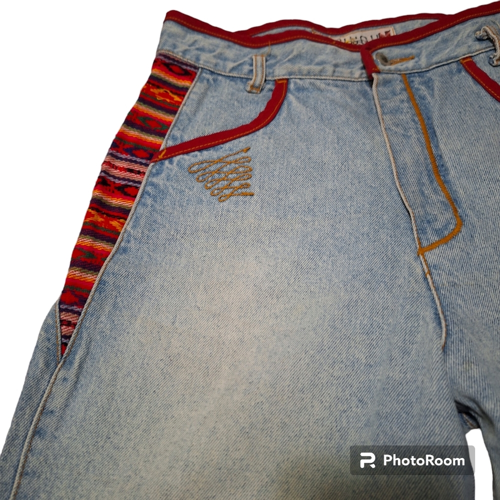 JouJou Patchwork Jeans Mom Jeans 90s Tribal Jeans 1990s Tapered Jeans Red Denim - Picture 5 of 7